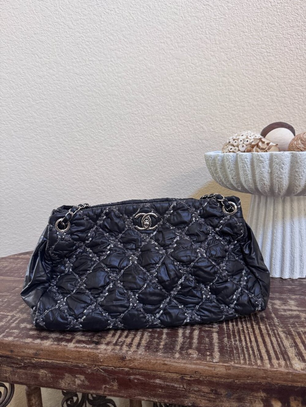 CHANEL Rare Black Nylon Bubble Quilt Shoulder Bag Silver CC